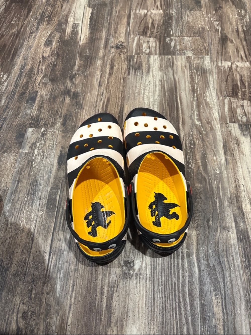 CROCS Black White and Yellow Striped Slip-On Clog